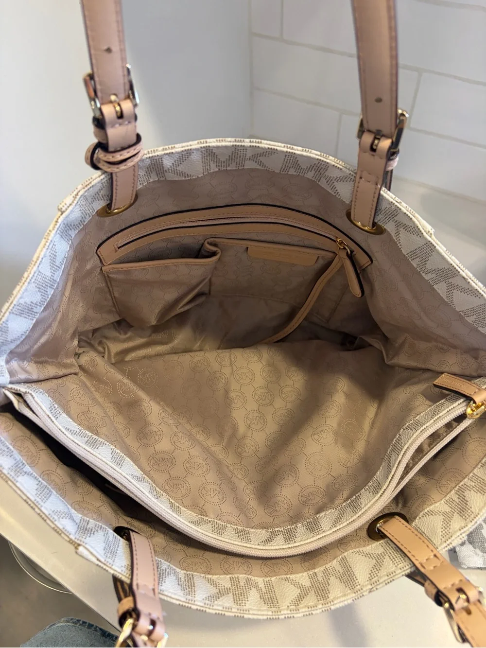Michael Kors Beige Logo Tote with cream Leather Straps